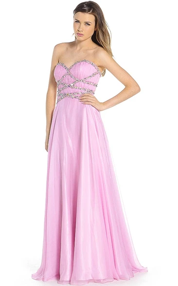 A-Line Sleeveless Beaded Sweetheart Maxi Tulle&Satin Prom Dress With Ruching