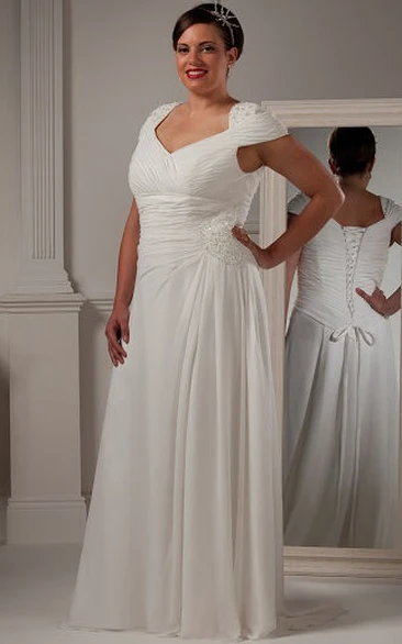 Cap Sleeve V Neck Pleated Bridal Gown With Flower And Lace Up