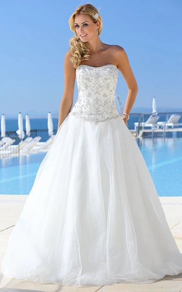 Strapless Floor-Length Crystal Sleeveless Tulle Wedding Dress