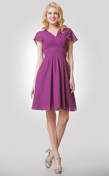 Short A-Line Chiffon Empire Dress With Ruched V-Neck