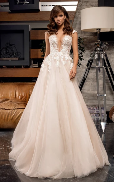 Romantic Ball Gown Tulle Plunging Neck Wedding Dress with Appliques and Train