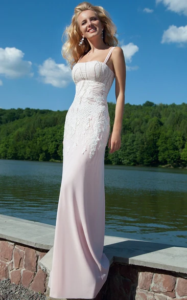 Sheath Floor-Length Strapped Sleeveless Beaded Chiffon Prom Dress With Appliques