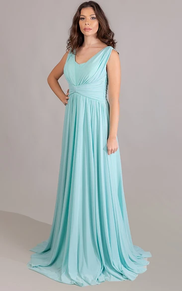Casual Chiffon Sleeveless Floor-length A Line Formal Dress with Ruching