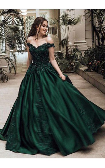 Cap Short Sleeve Sweep Brush Train A-Line Ball Gown Off-the-shoulder Satin Lace Dress