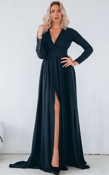 Casual A Line Jersey V-neck Sweep Train Evening Dress with Ruching and Split Front 