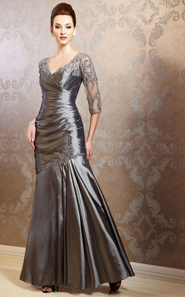 3-4 Sleeved V-Neck Taffeta Gown With Appliques And Pleats