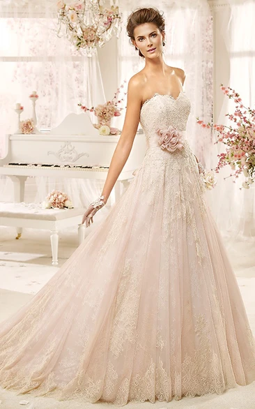 Sweetheart A-line Lace Long Dress with Flower Sash and Appliques