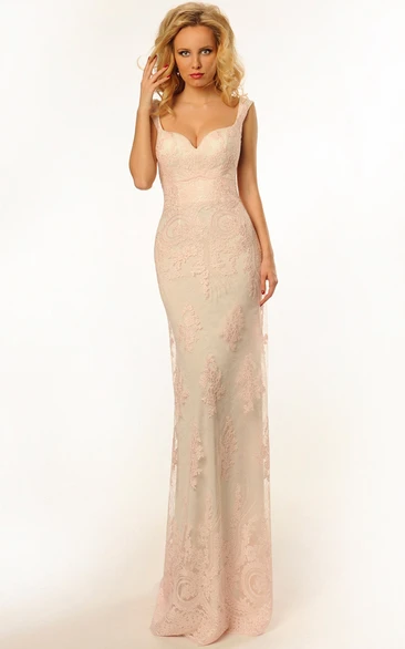 Pencil Long Appliqued Sleeveless Lace Prom Dress With Backless Style And Brush Train