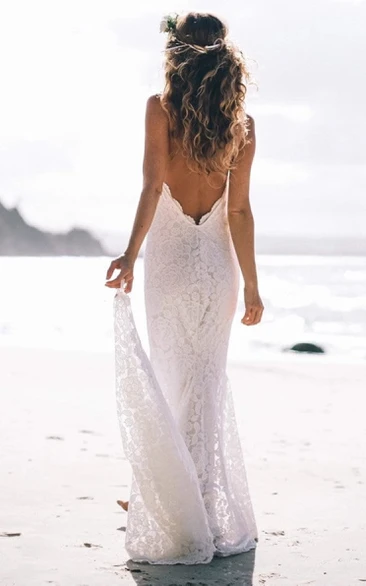 Beach Floral Mermaid Bohemian Lace Wedding Dress Elegant Sexy Sleeveless Backless Halter Plunging Neck Bridal Gown