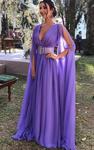 Simple Plunging Neckline A Line Chiffon Long Sleeve Brush Train Evening Dress with Sash