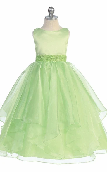 Tea-Length Tiered Beaded Sequins&Organza Flower Girl Dress With Ribbon