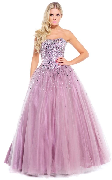 Ball Gown Strapless Sequined Tulle Prom Dress With Beading And Bow