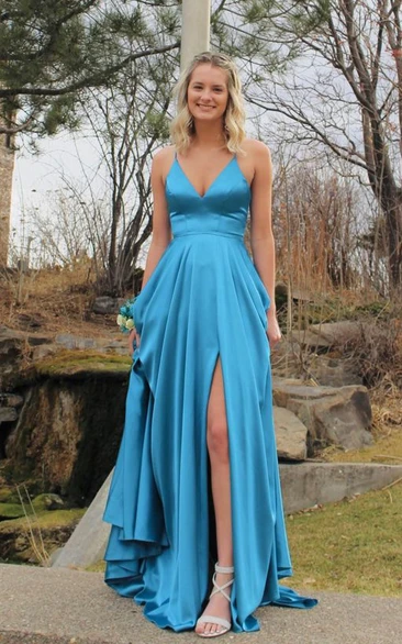 Spaghetti Ocean Blue Satin A-Line Simple Evening Dress With Slip Front And Sweep Train