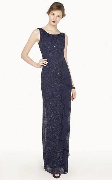 Scoop Neck Sleeveless Sheath Long Prom Dress With Ruffles And Sequins