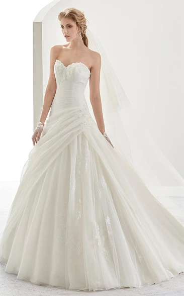 Sweetheart A-Line Appliques Bridal Gown With Pleated Details And Ruffles Overlayer