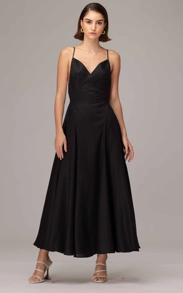 Simple Satin Sleeveless Ankle-length A Line Prom Dress with Open Back