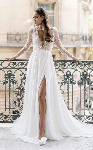 Chic Elegant A-Line V-neck Chiffon Beaded Wedding Dress Vintage Romantic Long Sleeve Floor-length Split Bridal Gown with Train