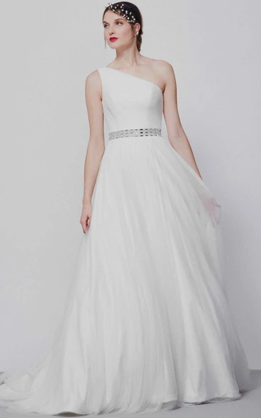 One-Shoulder Maxi Jeweled Chiffon Wedding Dress With Sweep Train