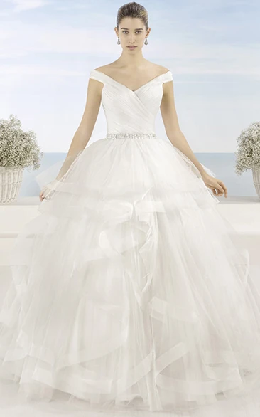 Ball Gown V-Neck Criss-Cross Tulle Wedding Dress
