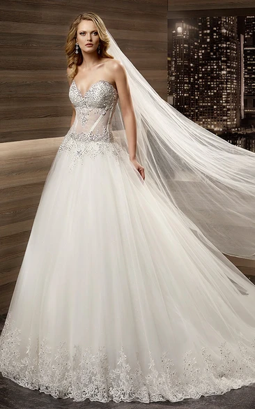 Sweetheart Brush-train A-line Wedding Dress with Beaded Illusion Corset 