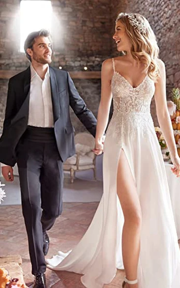 Bohemian Chiffon Spaghetti A-Line Wedding Dress Beach Bridal Gown Split Front Open Back