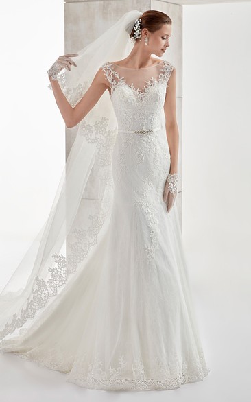 Jewel-neck Cap-sleeve Mermaid Wedding Dress with Beaded Belt and Illusive Design