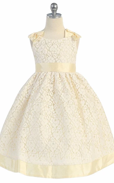 Tea-Length Bowed Floral Lace Flower Girl Dress With Ribbon