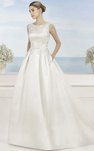 Scoop Long Appliqued Satin Wedding Dress With Sweep Train And V Back