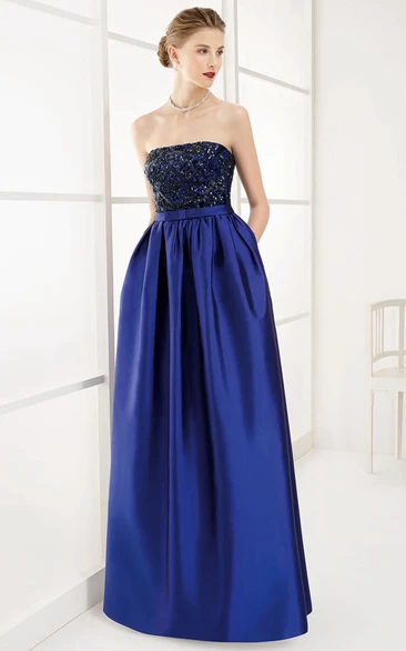Strapless A-Line Pleated Taffeta Long Prom Dress With Sequined Lace Bodice