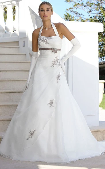 A-Line Long-Sleeveless Halter Satin&Tulle Wedding Dress With Appliques