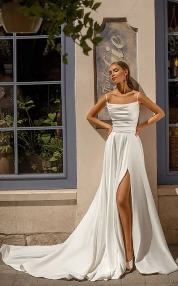 Casual A-Line Satin Wedding Dress with Split Front for Garden Wedding