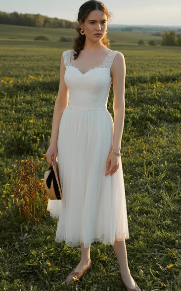Vintage Lace Tea-length Sleeveless A Line Queen Anne Wedding Dress with Pleats