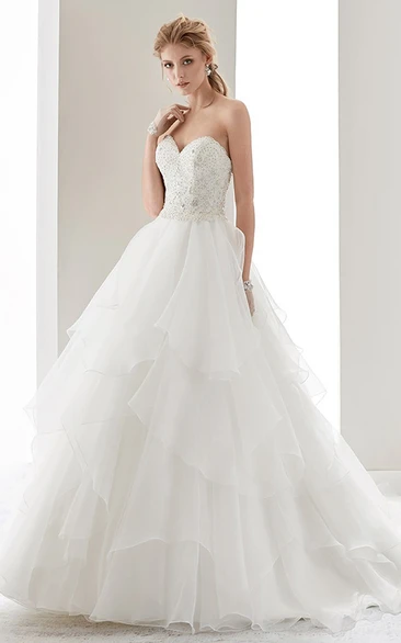 Sweetheart Ruching A-Line Gown With Beaded Bodice And Tiers Ruffles Skirt