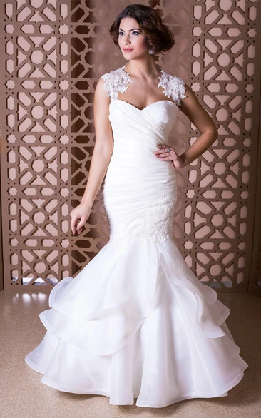 Mermaid Appliqued Cap-Sleeve Floor-Length Organza Wedding Dress With Ruching And Tiers