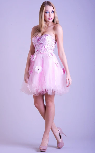 A Line Sleeveless Sweetheart Floral Short Mini Tulle Prom Dress With Beading And Ruffles