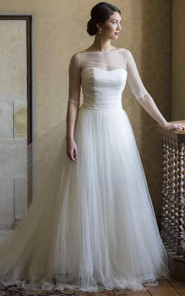 A-Line Bateau-Neck Half-Sleeve Tulle Wedding Dress With Ruching And Illusion