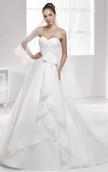 Sweetheart Side-Draping A-Line Chiffon Wedding Dress With Side Floral Waist And Pleated Bodice