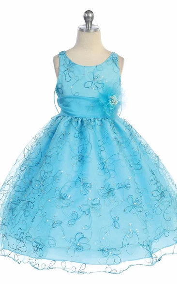 Tea-Length Embroideried Floral Sequins&Organza Flower Girl Dress With Sash