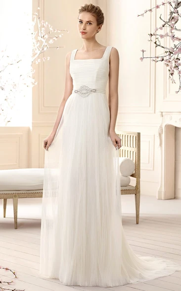 Sheath Ruched Square-Neck Sleeveless Floor-Length Tulle Wedding Dress With Waist Jewellery