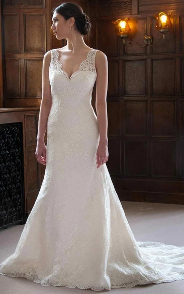 A-Line Appliqued Floor-Length V-Neck Sleeveless Lace Wedding Dress