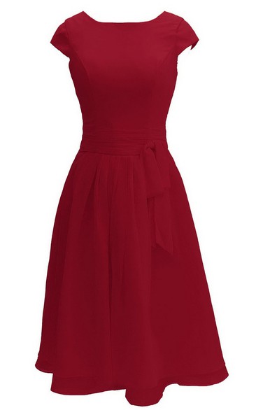 Cap-sleeved Knee-length Chiffon Dress With Ribbon - UCenter