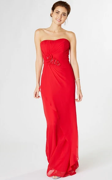 Sheath Strapless Ruched Chiffon Bridesmaid Dress With Flower And Draping