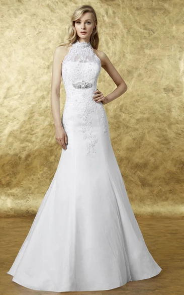 A-Line Appliqued Sleeveless High Neck Maxi Satin Wedding Dress With Illusion Back And Waist Jewellery