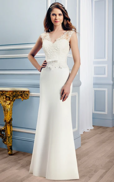 Sheath Floor-Length Appliqued Sleeveless V-Neck Satin Wedding Dress With Court Train And Illusion Back