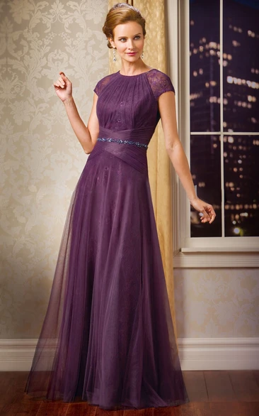 Cap-Sleeved Long Mother Of The Bride Dress With Beadings And Pleats