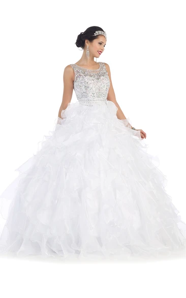 Ball Gown Scoop-Neck Sleeveless Organza Corset Back Dress With Beading And Ruffles
