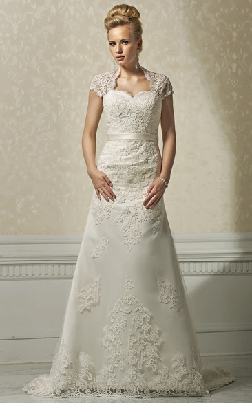 A-Line Floor-Length Cap-Sleeve Appliqued Lace Wedding Dress With Ribbon
