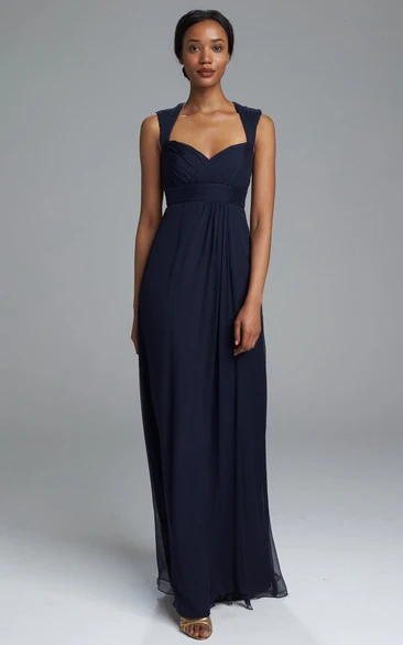 Sheath Sleeveless Long Empire Queen-Anne Ruched Chiffon Bridesmaid Dress With Pleats