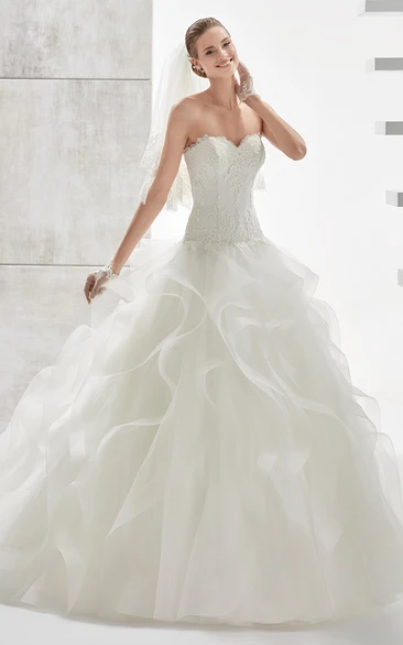 Strapless A-line Wedding Dress with Lace Corset and Cascading Ruffles