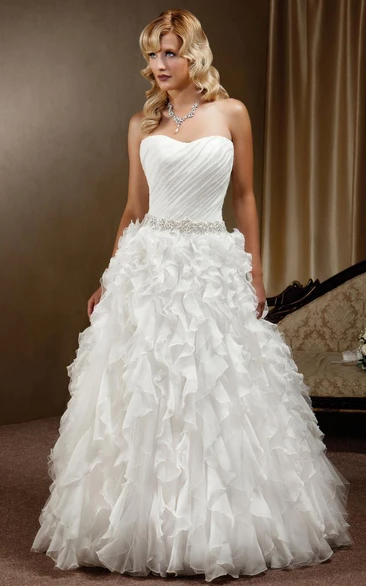 A-Line Cascading-Ruffle Sleeveless Strapless Floor-Length Chiffon Wedding Dress With Waist Jewellery And Ruching